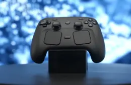 Steam Controller on a pedestal with sparkling blue background