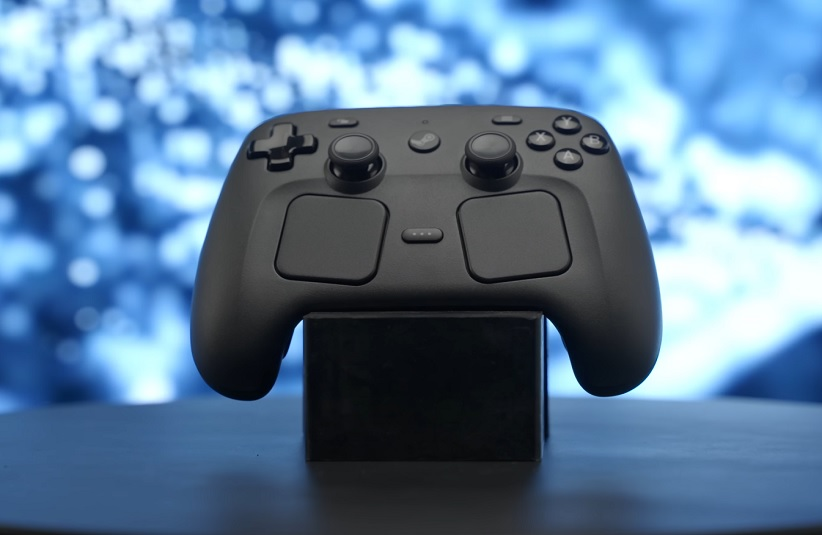 Steam Controller on a pedestal with sparkling blue background