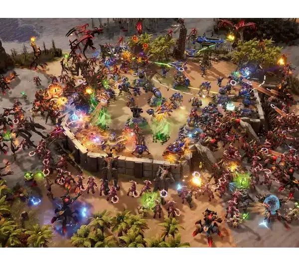 A vibrant battle scene from Stormgate shows futuristic soldiers in blue clashing with alien creatures in red. Set in a lush, tropical beach with vivid energy blasts.