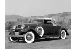 Black & White image of a 1932 Lincoln Model KB Convertible Roadster by LeBaron Coachbuilder, Lincoln Roadster