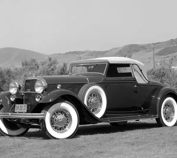 Black & White image of a 1932 Lincoln Model KB Convertible Roadster by LeBaron Coachbuilder, Lincoln Roadster