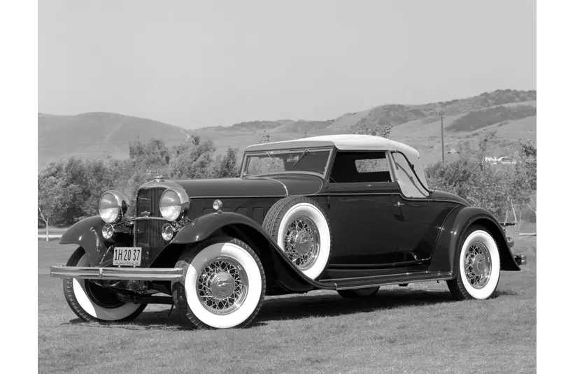 Black & White image of a 1932 Lincoln Model KB Convertible Roadster by LeBaron Coachbuilder, Lincoln Roadster