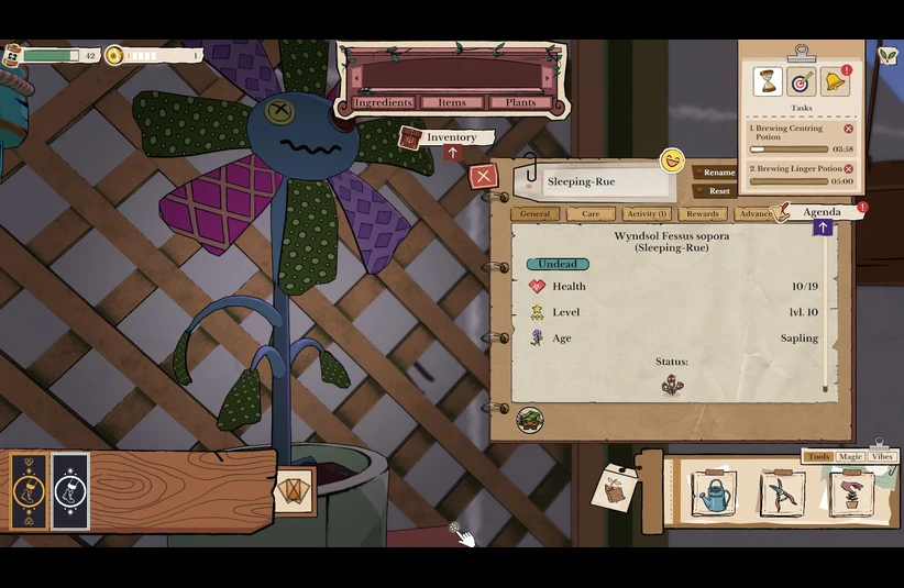 Screenshot of a Sleeping-Rue undead plant in Greenhearth Necromancer