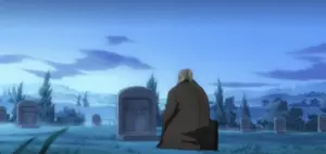 Van Hohenheim kneeling at the grave of his beloved.