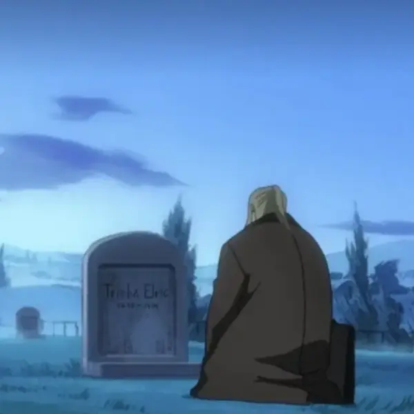 Van Hohenheim kneeling at the grave of his beloved.