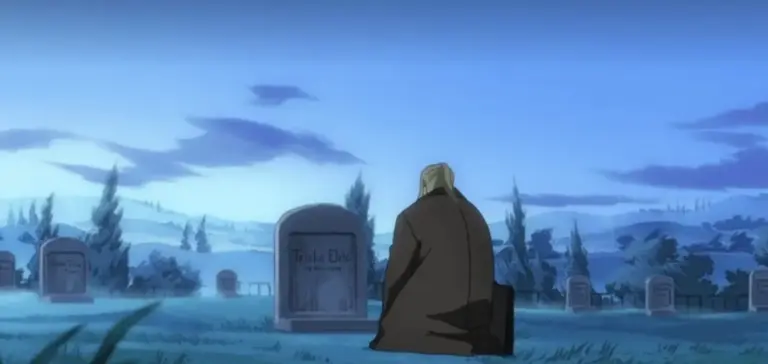 Van Hohenheim kneeling at the grave of his beloved.