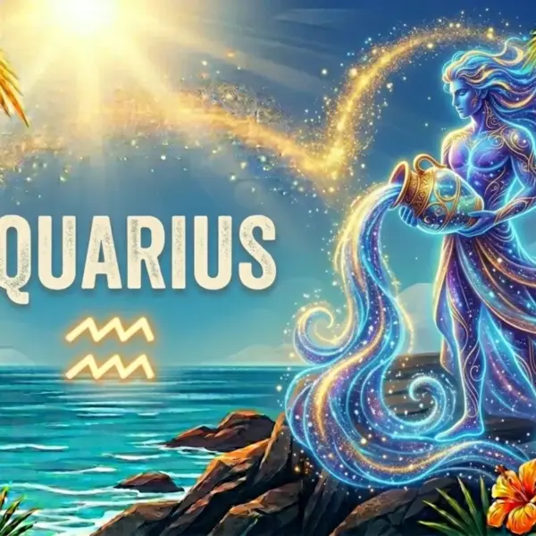 Image for the Aquarius sun sign with symbol and name, a male with water jug on a cliff in front of the ocean in the sun