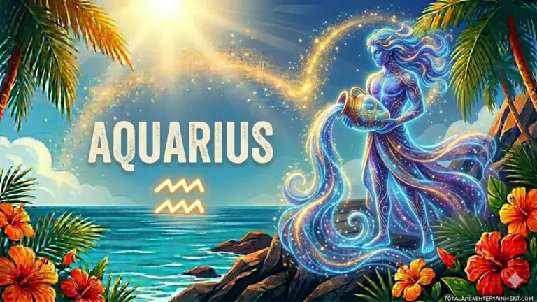 Image for the Aquarius sun sign with symbol and name, a male with water jug on a cliff in front of the ocean in the sun
