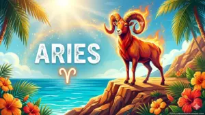 Image for the Aries sun sign with symbol and name, goat with flames on a cliff in front of the ocean in the sun