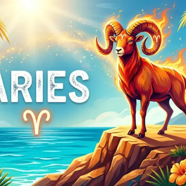 Image for the Aries sun sign with symbol and name, goat with flames on a cliff in front of the ocean in the sun