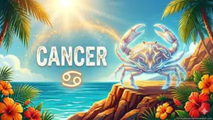 Image for the Cancer sun sign with symbol and name, crab on a cliff in front of the ocean in the sun