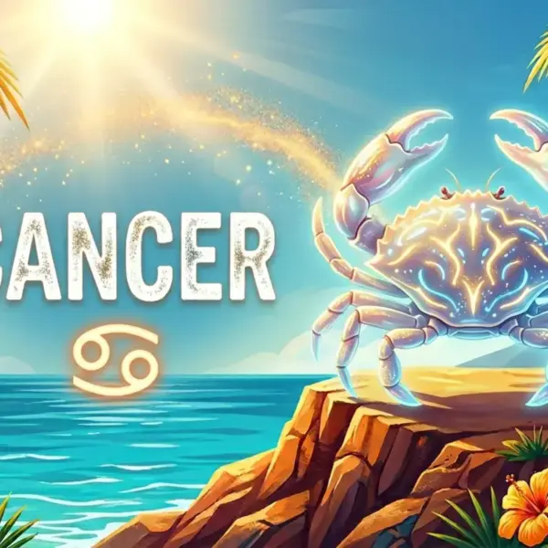 Image for the Cancer sun sign with symbol and name, crab on a cliff in front of the ocean in the sun