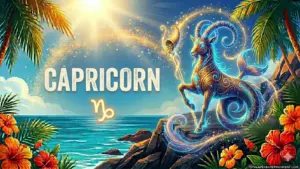 Image for the Capricorn sun sign with symbol and name, Capricorn on a cliff in front of the ocean in the sun