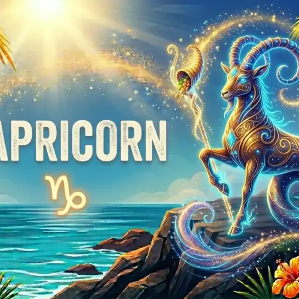 Image for the Capricorn sun sign with symbol and name, Capricorn on a cliff in front of the ocean in the sun