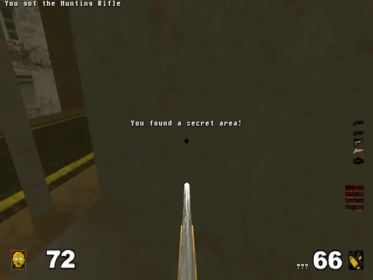 In-game screenshot finding the location of the hunting rifle First-person game view with "You found a secret area!" text centered. A hunting rifle is equipped. Health (72) and ammo (66) are displayed on the HUD.
