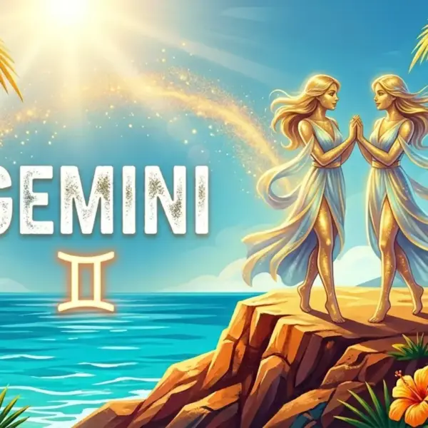 Image for the Gemini sun sign with symbol and name, twin women on a cliff in front of the ocean in the sun