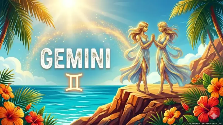 Image for the Gemini sun sign with symbol and name, twin women on a cliff in front of the ocean in the sun