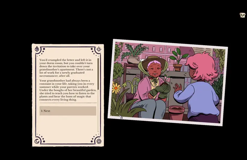 Screenshot from Greenhearth Necromancer showing story line content
