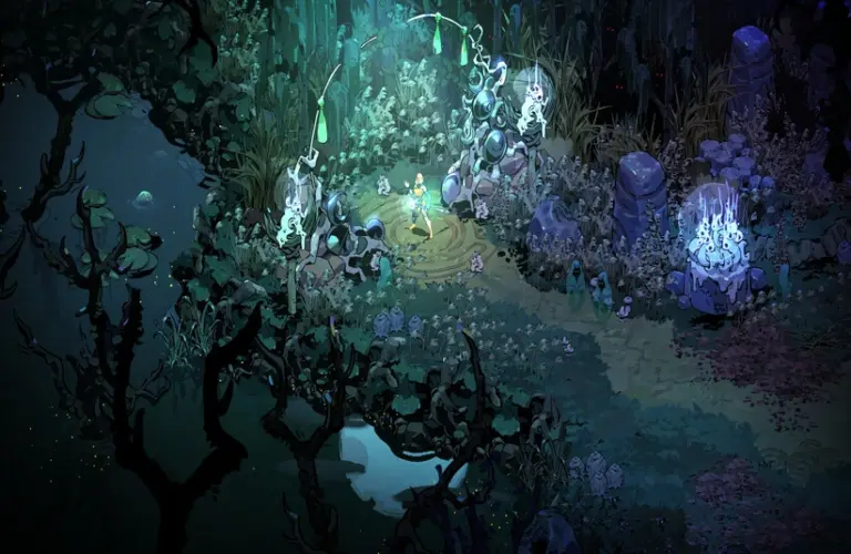 A fantasy forest scene, Hades 2 with glowing blue and green tones. Central character stands in a mystic circle, surrounded by luminescent plants and ancient stones. Mysterious and magical atmosphere.
