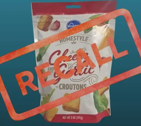 Kroger Homestyle Cheese Garlic Croutons with Recall stamped over it