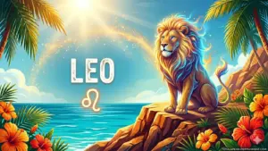 Image for the Leo sun sign with symbol and name, lion on a cliff in front of the ocean in the sun