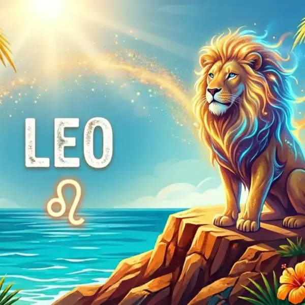 Image for the Leo sun sign with symbol and name, lion on a cliff in front of the ocean in the sun