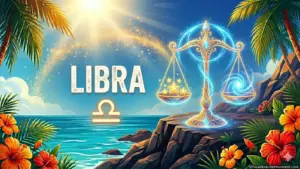 Image for the Libra sun sign with symbol and name, scales on a cliff in front of the ocean in the sun