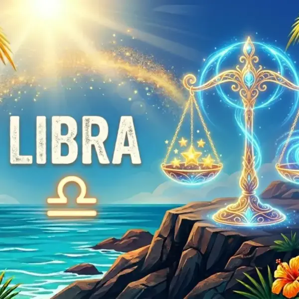 Image for the Libra sun sign with symbol and name, scales on a cliff in front of the ocean in the sun