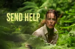 A woman with a worried expression crouches in dense green foliage, her clothing blending with the jungle. The bold text "SEND HELP" appears beside her.