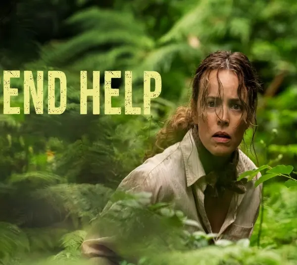 A woman with a worried expression crouches in dense green foliage, her clothing blending with the jungle. The bold text "SEND HELP" appears beside her.