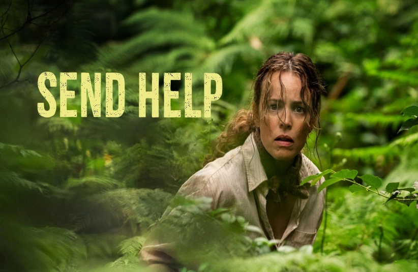 A woman with a worried expression crouches in dense green foliage, her clothing blending with the jungle. The bold text "SEND HELP" appears beside her.