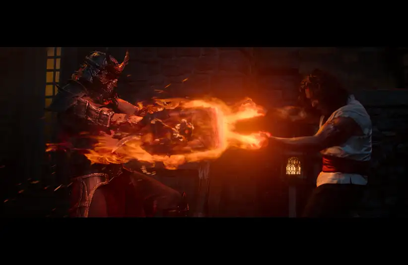 A dramatic battle scene with a samurai warrior in dark armor unleashing fiery energy towards an opponent with clenched fists, set in a dimly lit environment, Ludi Lin and Martyn Ford in Mortal Kombat 2 (2026)