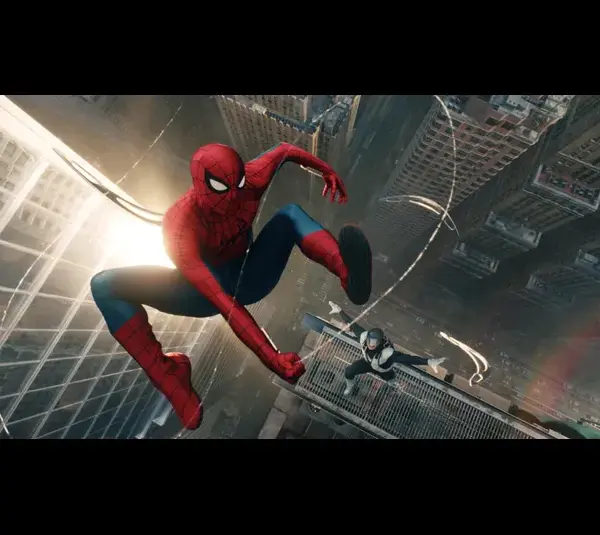 Spider-Man swings high above New York City, suspended on webbing between skyscrapers in "Spider-Man: Brand New Day." The sun beams dramatically, capturing a sense of action and adventure.