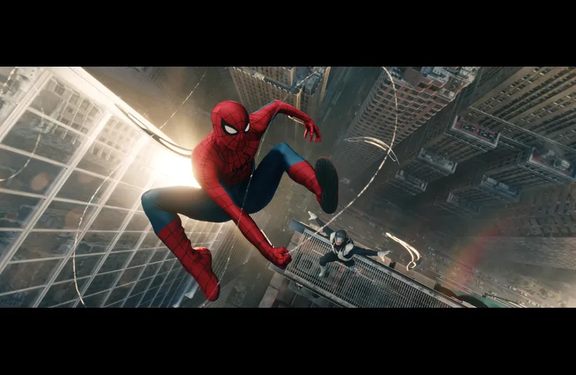 Spider-Man swings high above New York City, suspended on webbing between skyscrapers in "Spider-Man: Brand New Day." The sun beams dramatically, capturing a sense of action and adventure.