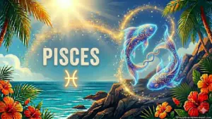 Image for the Pisces sun sign with symbol and name, two fish on a cliff in front of the ocean in the sun