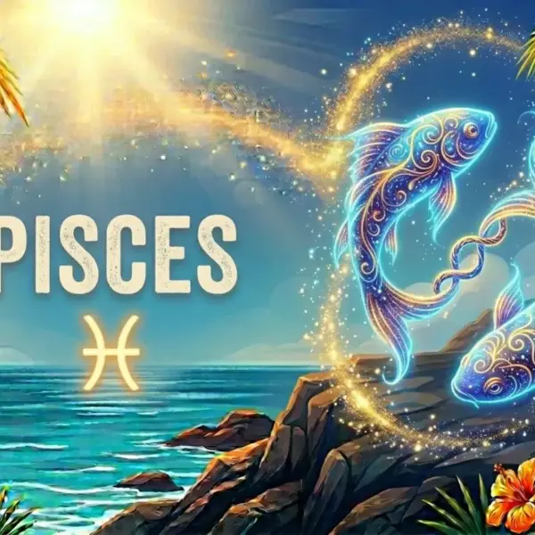 Image for the Pisces sun sign with symbol and name, two fish on a cliff in front of the ocean in the sun