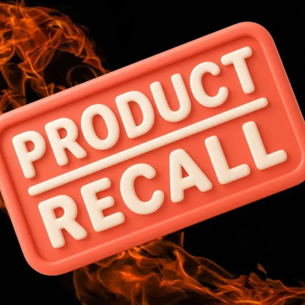 Red sign with bold white text "Product Recall" on a black background, surrounded by dynamic orange flames, conveying urgency and alertness.