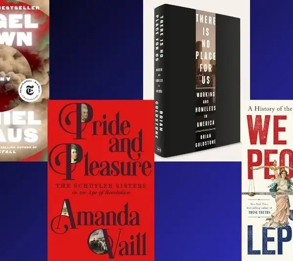Covers of Pulitzer Prize winning books: Angel Down by Daniel Kraus, Pride and Pleasure by Amanda Vaill, There is No Place for Us by Brian Goldstone, and We the People by Jill Lepore