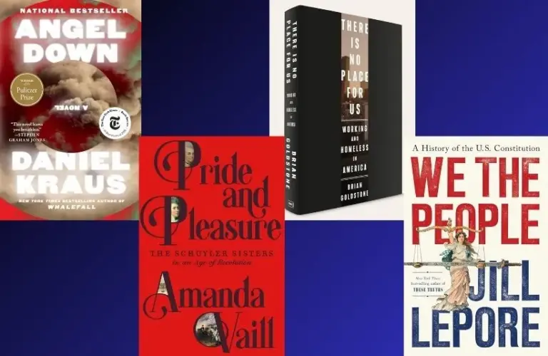Covers of Pulitzer Prize winning books: Angel Down by Daniel Kraus, Pride and Pleasure by Amanda Vaill, There is No Place for Us by Brian Goldstone, and We the People by Jill Lepore