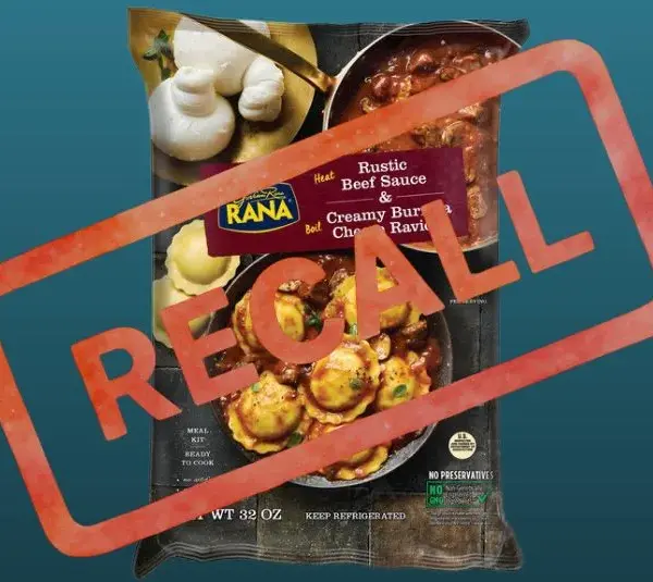 Image of Giovanni Rana RANA Rustic Beef Sauce & Creamy Burrata Cheese Ravioli with recall stamped over the package