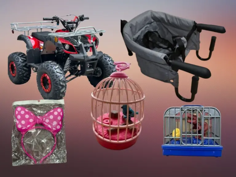 Collage of items: a red ATV, a gray booster seat, a pink birdcage, a headband with pink polka-dot bow, and a small pet cage with toys. Fun and eclectic. Recall roundup
