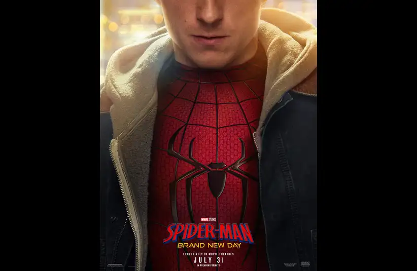 A man in a hooded jacket reveals a red Spider-Man suit underneath. The text reads "Spider-Man Brand New Day" with a release date of July 31.