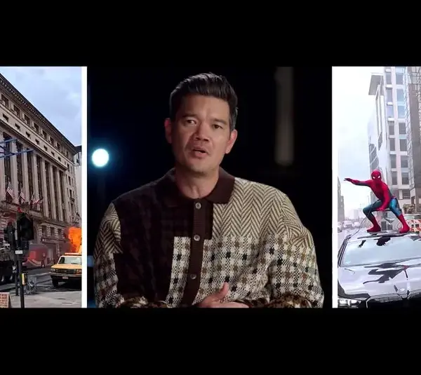 Destin Daniel Cretton, Director of "Spider-Man: Brand New Day," speaks in the center, flanked by scenes from an action film. Left: Exploding street with a toppled crane. Right: A Tom Holland as Spider-Man crouches on a car. The mood is intense and thrilling.