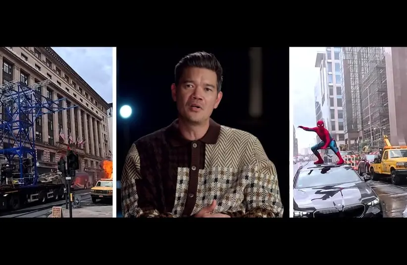 Destin Daniel Cretton, Director of "Spider-Man: Brand New Day," speaks in the center, flanked by scenes from an action film. Left: Exploding street with a toppled crane. Right: A Tom Holland as Spider-Man crouches on a car. The mood is intense and thrilling.