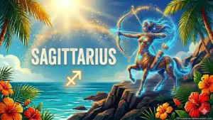 Image for the Sagittarius sun sign with symbol and name, centaur on a cliff in front of the ocean in the sun