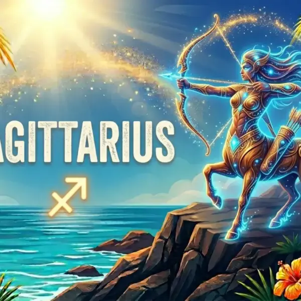 Image for the Sagittarius sun sign with symbol and name, centaur on a cliff in front of the ocean in the sun