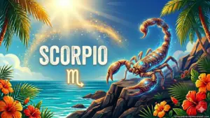Image for the Scorpio sun sign with symbol and name, scorpion on a cliff in front of the ocean in the sun