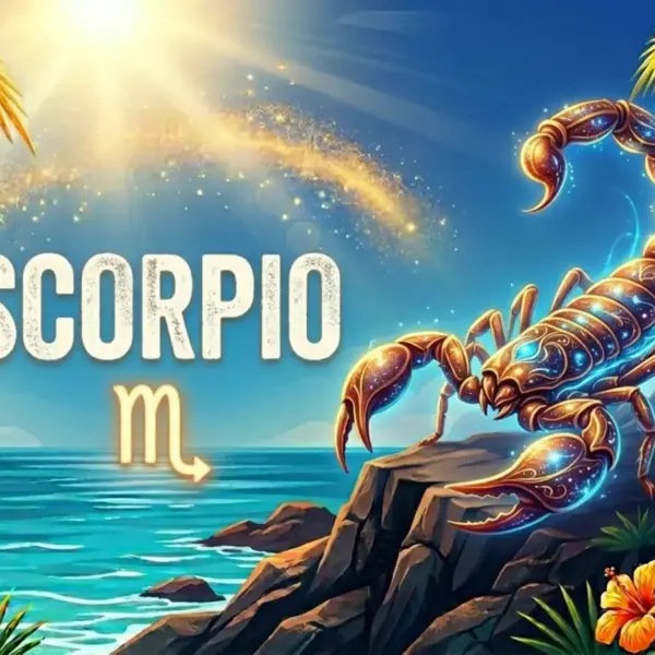 Image for the Scorpio sun sign with symbol and name, scorpion on a cliff in front of the ocean in the sun