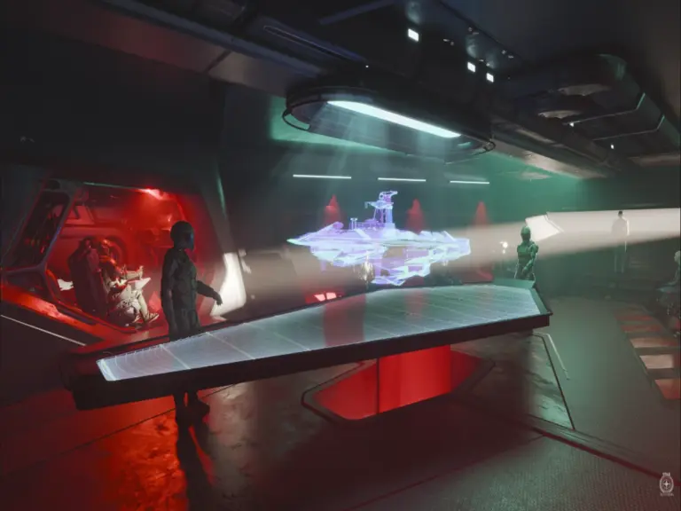 Futuristic room in Star Citizen with people observing a holographic spaceship projected above a sleek table. The scene is lit with neon red and blue lights, creating a high-tech atmosphere.