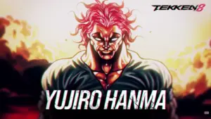 Baki's Yujiro Hanma staring menacing in front of a bright, colorful background, with the words "Yujiro Hanma" in white font.